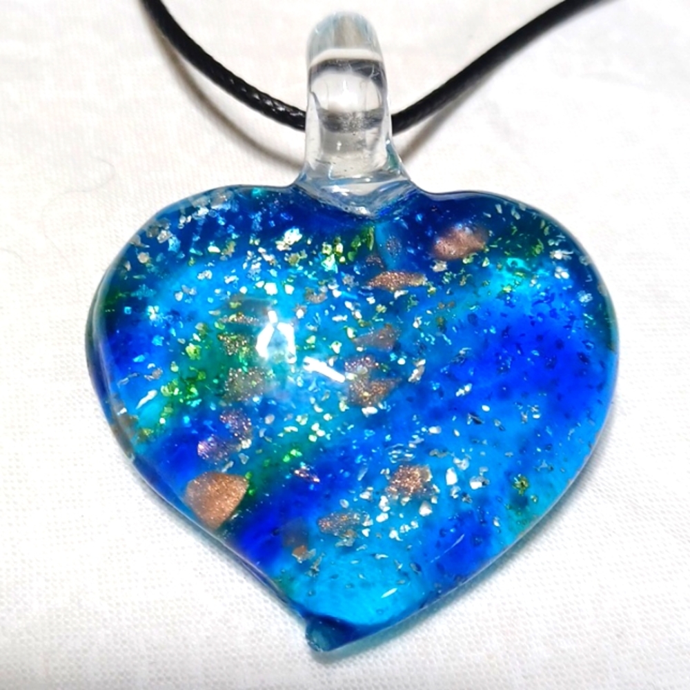 Hand-blown murano glass pendant necklace handmade blue green gold silver glitter